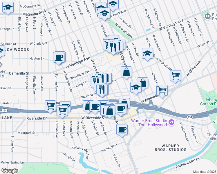 map of restaurants, bars, coffee shops, grocery stores, and more near 355 North Maple Street in Burbank
