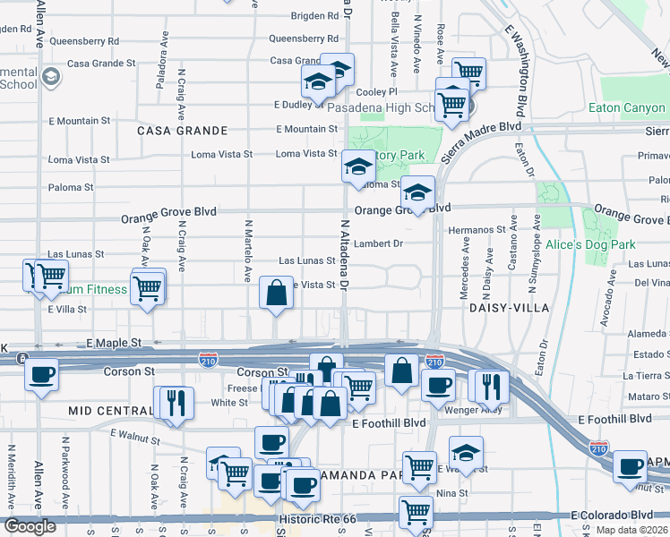 map of restaurants, bars, coffee shops, grocery stores, and more near 2500 Las Lunas Street in Pasadena