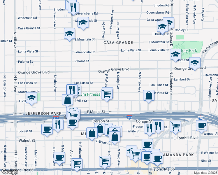 map of restaurants, bars, coffee shops, grocery stores, and more near 2074 Las Lunas Street in Pasadena