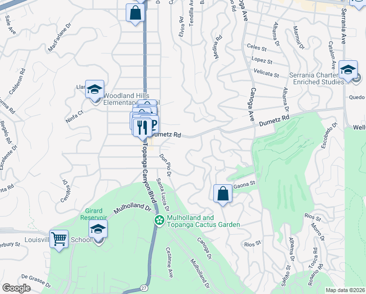 map of restaurants, bars, coffee shops, grocery stores, and more near 21730 Dumetz Road in Los Angeles