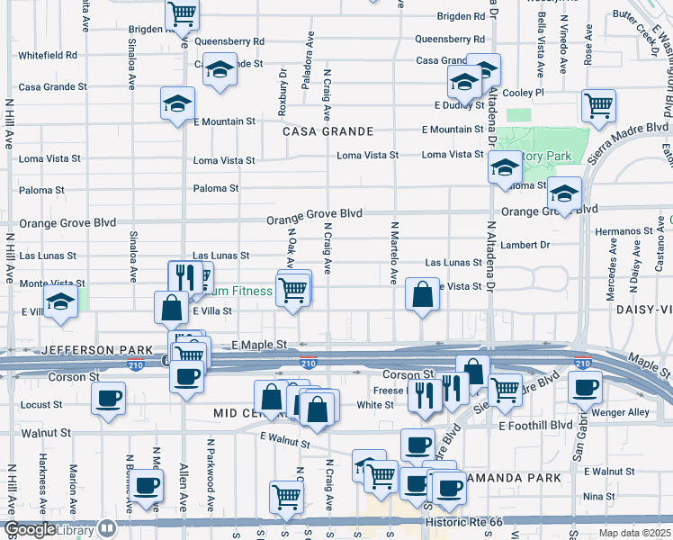 map of restaurants, bars, coffee shops, grocery stores, and more near 2156 Las Lunas Street in Pasadena