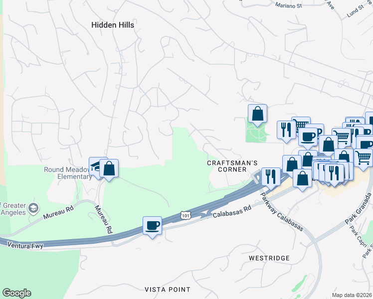 map of restaurants, bars, coffee shops, grocery stores, and more near 5003 Schumacher Road in Calabasas