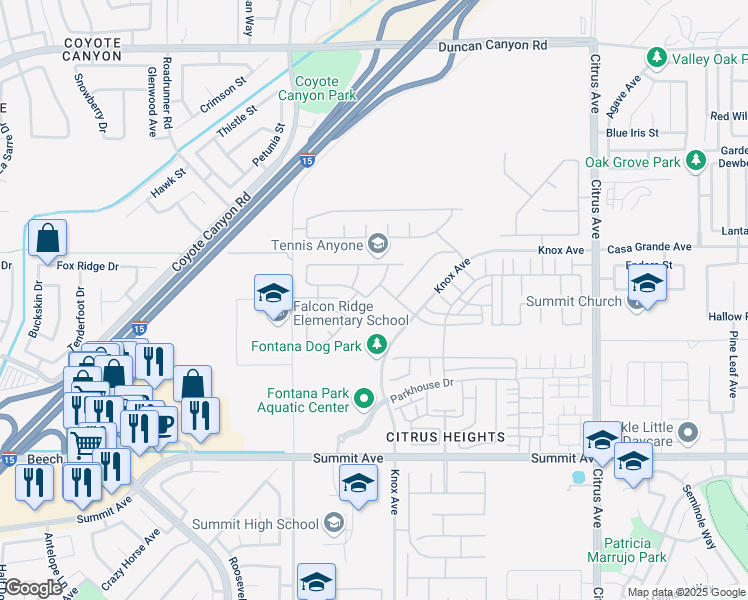 map of restaurants, bars, coffee shops, grocery stores, and more near 5368 Campania Way in Fontana