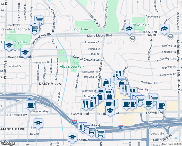 map of restaurants, bars, coffee shops, grocery stores, and more near 3275 Las Lunas Street in Pasadena