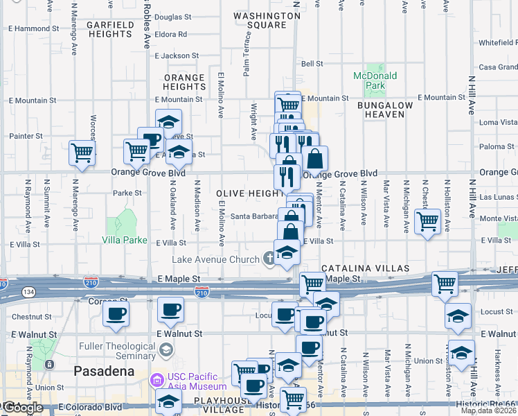 map of restaurants, bars, coffee shops, grocery stores, and more near 796 Earlham Street in Pasadena