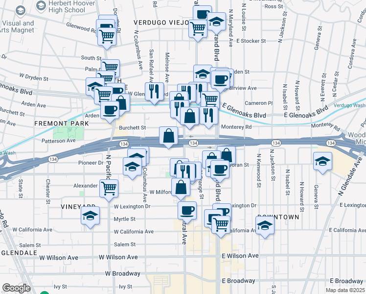 map of restaurants, bars, coffee shops, grocery stores, and more near 715 North Central Avenue in Glendale