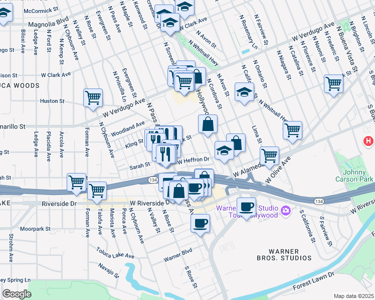 map of restaurants, bars, coffee shops, grocery stores, and more near 333C North Kenwood Street in Burbank