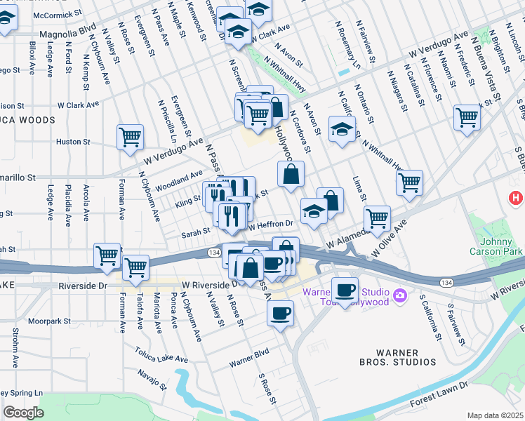 map of restaurants, bars, coffee shops, grocery stores, and more near 316 North Maple Street in Burbank