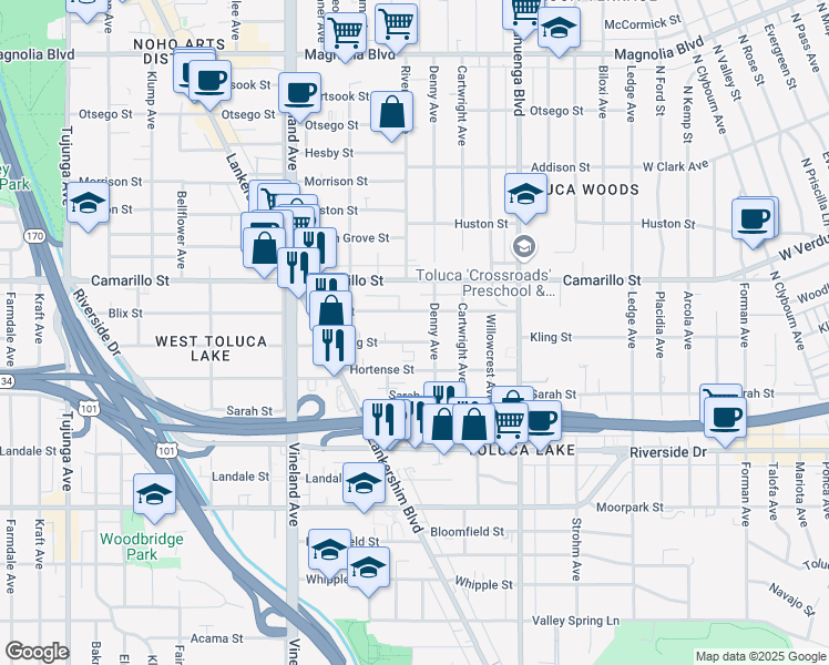 map of restaurants, bars, coffee shops, grocery stores, and more near 10740 Blix Street in Los Angeles