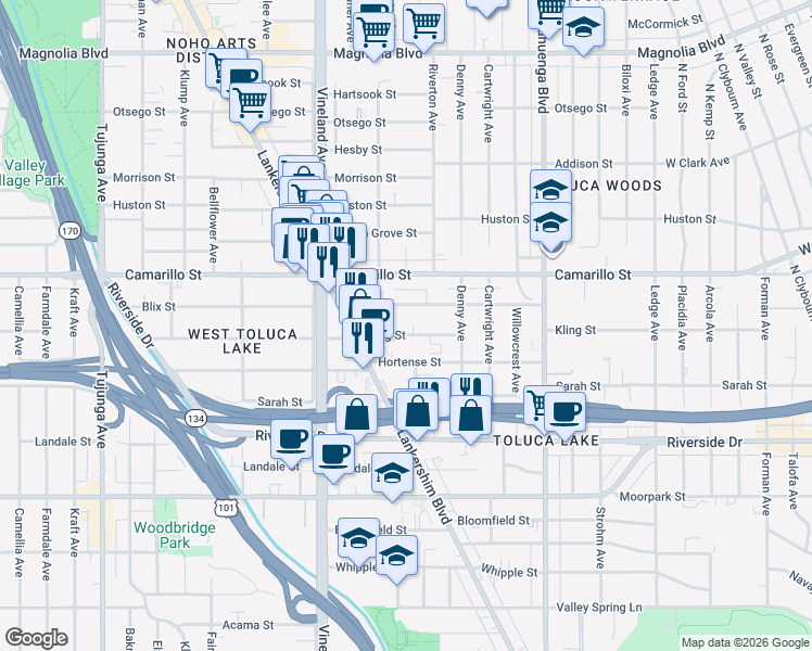 map of restaurants, bars, coffee shops, grocery stores, and more near 10816 Blix Street in Los Angeles