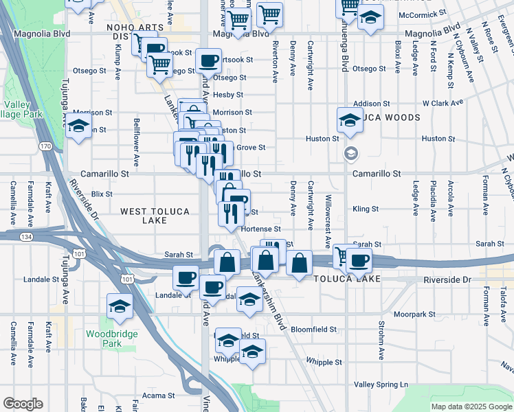 map of restaurants, bars, coffee shops, grocery stores, and more near 10816 Blix Street in Los Angeles