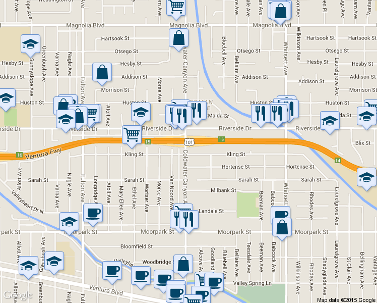 map of restaurants, bars, coffee shops, grocery stores, and more near 12843 Kling Street in Los Angeles