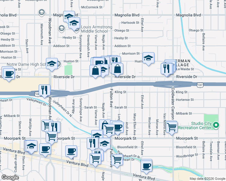 map of restaurants, bars, coffee shops, grocery stores, and more near 4717 Longridge Avenue in Los Angeles