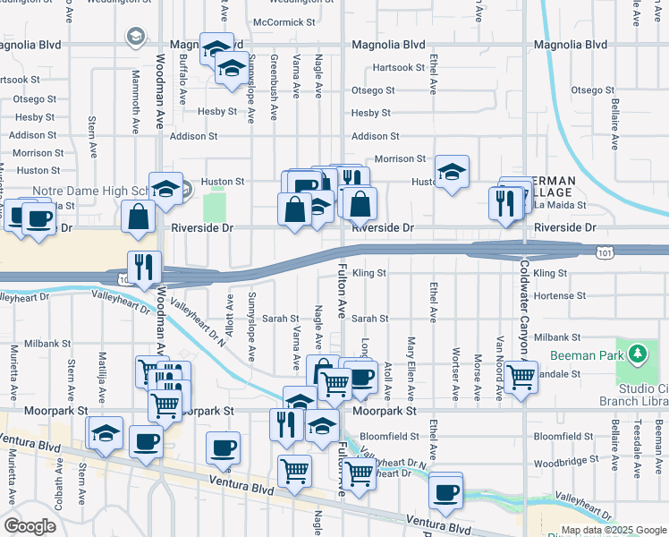 map of restaurants, bars, coffee shops, grocery stores, and more near 4702 Nagle Avenue in Los Angeles