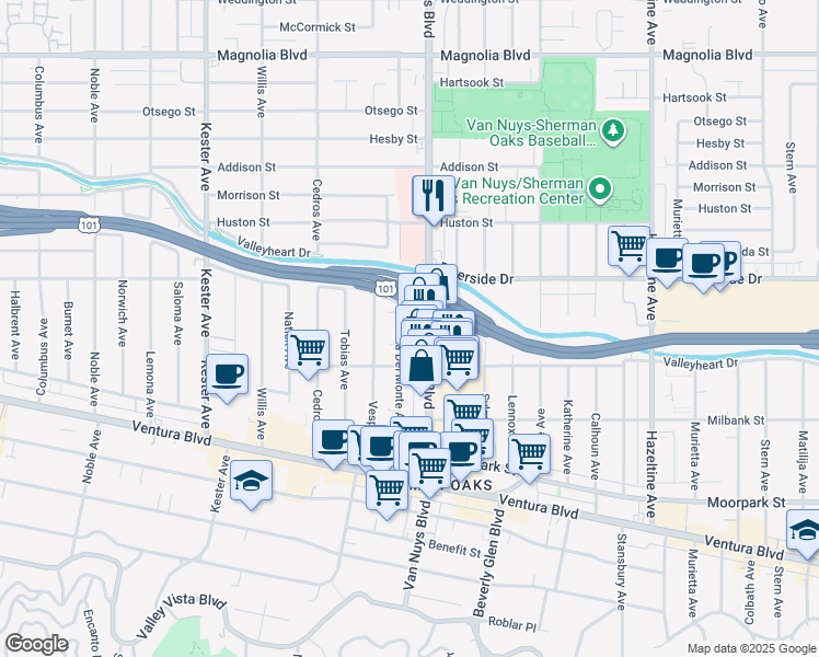 map of restaurants, bars, coffee shops, grocery stores, and more near 4717 Van Nuys Boulevard in Los Angeles