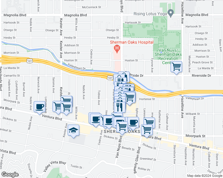 map of restaurants, bars, coffee shops, grocery stores, and more near 4712 Vesper Avenue in Los Angeles