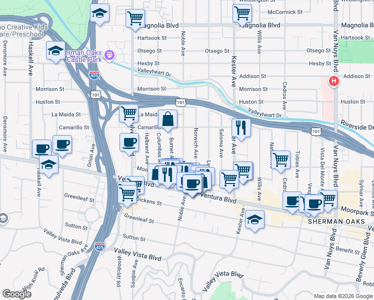 map of restaurants, bars, coffee shops, grocery stores, and more near 4729 Norwich Avenue in Los Angeles