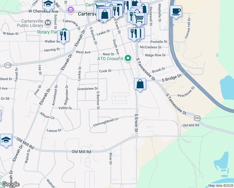 map of restaurants, bars, coffee shops, grocery stores, and more near 43 Lenox Park Avenue in Cartersville
