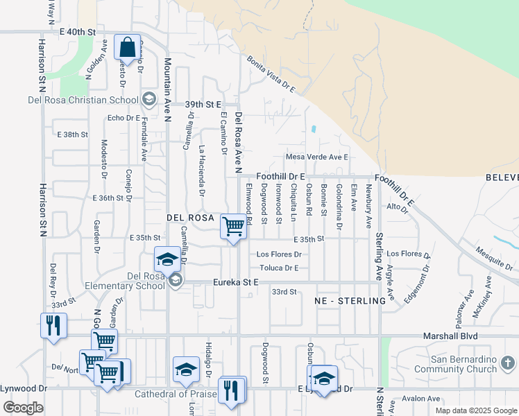 map of restaurants, bars, coffee shops, grocery stores, and more near 5359 Dogwood Street in San Bernardino
