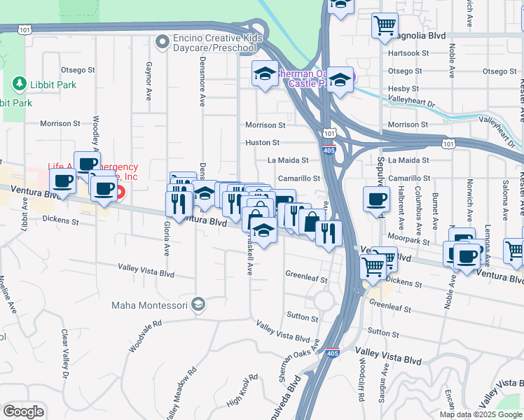 map of restaurants, bars, coffee shops, grocery stores, and more near 15540 Moorpark Street in Los Angeles