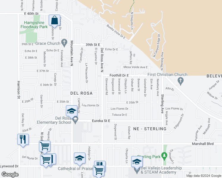 map of restaurants, bars, coffee shops, grocery stores, and more near 5392 Dogwood Street in San Bernardino