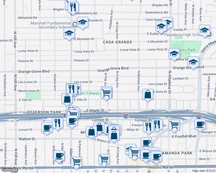 map of restaurants, bars, coffee shops, grocery stores, and more near 2074 Las Lunas Street in Pasadena