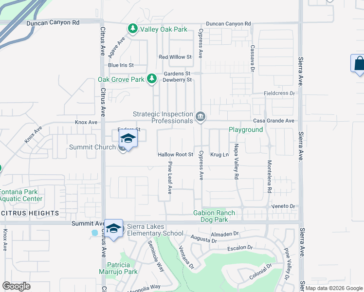map of restaurants, bars, coffee shops, grocery stores, and more near Salt Bush Way in Fontana