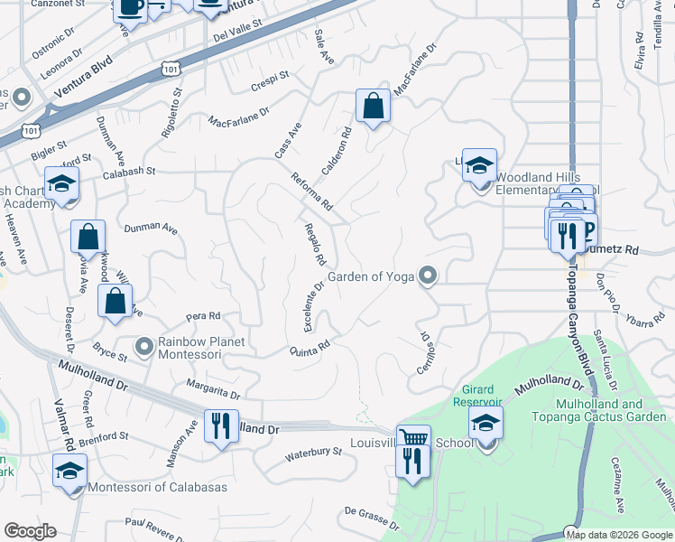 map of restaurants, bars, coffee shops, grocery stores, and more near 4804 Excelente Drive in Los Angeles