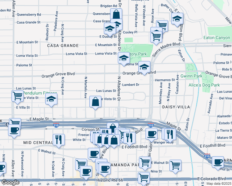 map of restaurants, bars, coffee shops, grocery stores, and more near 2500 Las Lunas Street in Pasadena