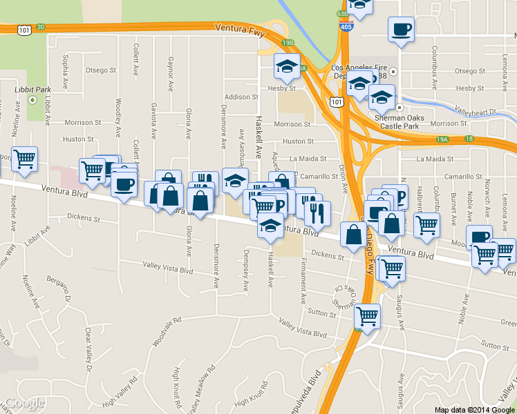 map of restaurants, bars, coffee shops, grocery stores, and more near 4744 Haskell Avenue in Los Angeles
