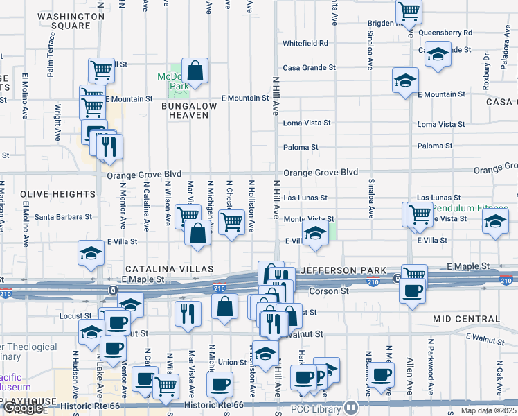 map of restaurants, bars, coffee shops, grocery stores, and more near 609 North Hill Avenue in Pasadena