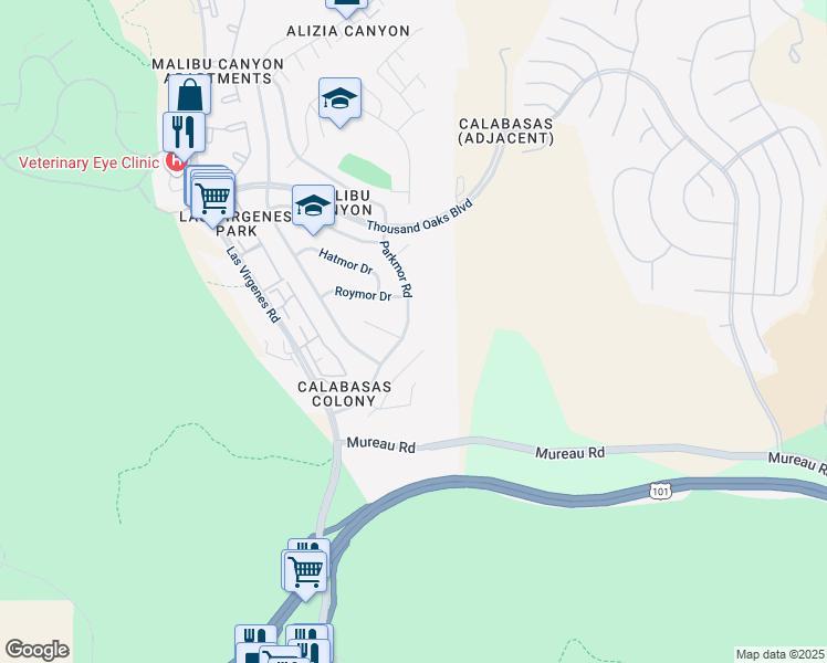 map of restaurants, bars, coffee shops, grocery stores, and more near 5456 Parkmor Road in Calabasas