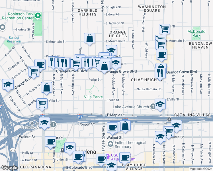 map of restaurants, bars, coffee shops, grocery stores, and more near 590 North Los Robles Avenue in Pasadena
