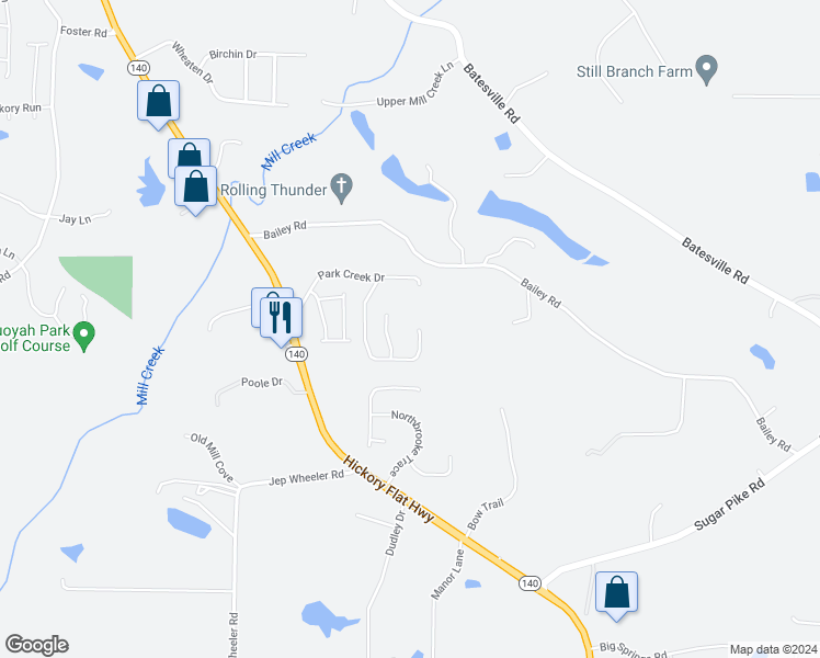 map of restaurants, bars, coffee shops, grocery stores, and more near 333 Park Creek Ridge in Woodstock