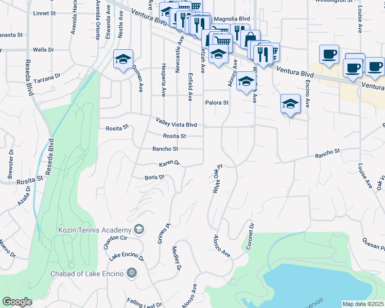 map of restaurants, bars, coffee shops, grocery stores, and more near 17961 Rancho Street in Los Angeles