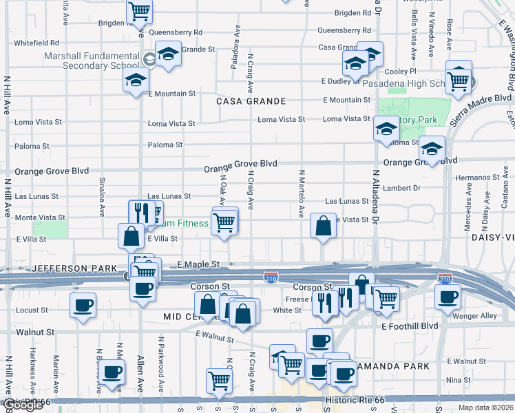 map of restaurants, bars, coffee shops, grocery stores, and more near 2156 Las Lunas Street in Pasadena