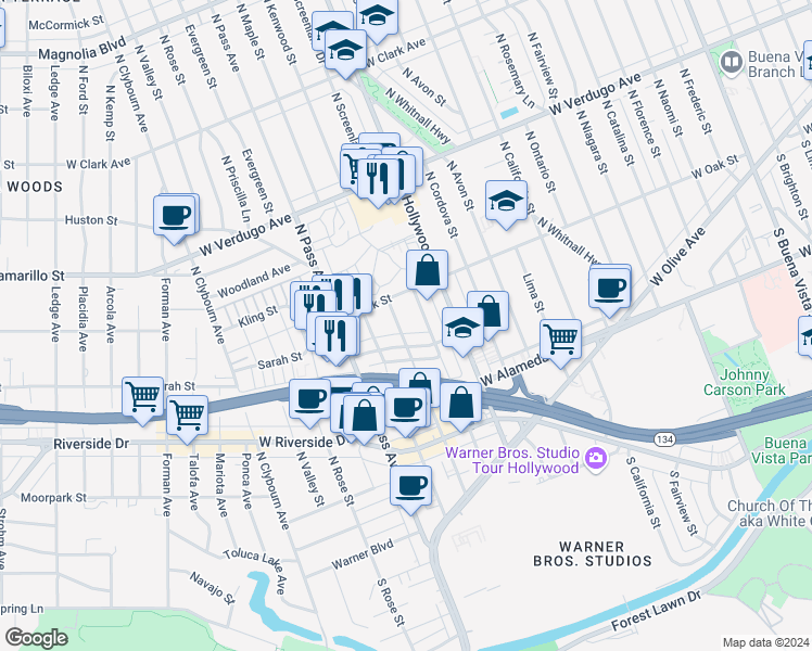 map of restaurants, bars, coffee shops, grocery stores, and more near 316 North Kenwood Street in Burbank