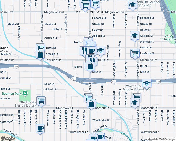 map of restaurants, bars, coffee shops, grocery stores, and more near 4740 Laurel Canyon Boulevard in Los Angeles