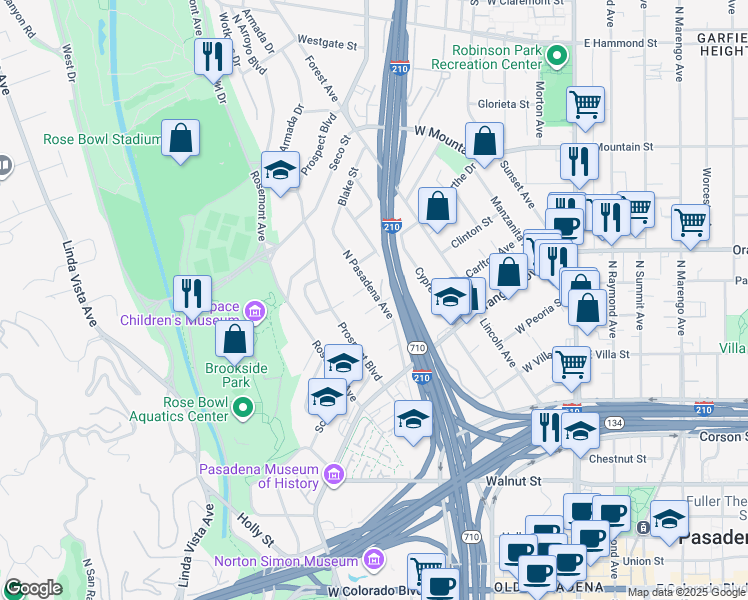 map of restaurants, bars, coffee shops, grocery stores, and more near 555 Ridgewood Lane in Pasadena