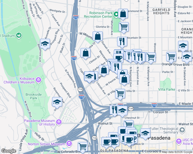 map of restaurants, bars, coffee shops, grocery stores, and more near 676 Lincoln Avenue in Pasadena