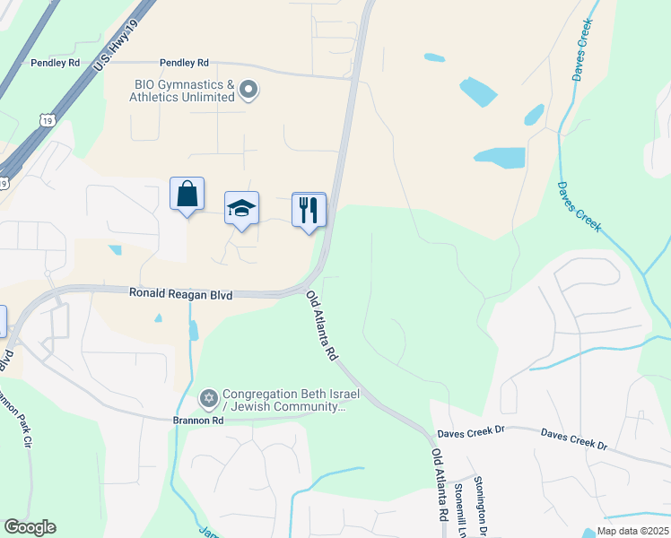 map of restaurants, bars, coffee shops, grocery stores, and more near 2345 Ronald Reagan Boulevard in Cumming