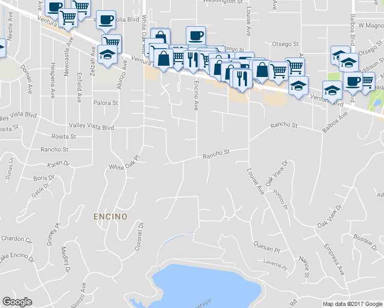 map of restaurants, bars, coffee shops, grocery stores, and more near 17503 Rancho Street in Los Angeles
