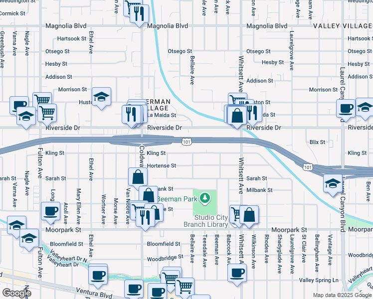 map of restaurants, bars, coffee shops, grocery stores, and more near 12715 Kling Street in Los Angeles