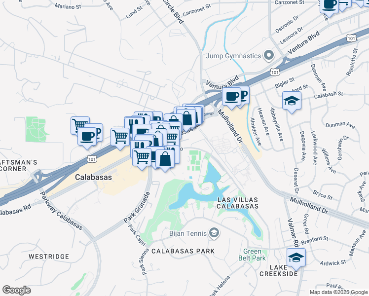 map of restaurants, bars, coffee shops, grocery stores, and more near 23401 Park Sorrento in Calabasas