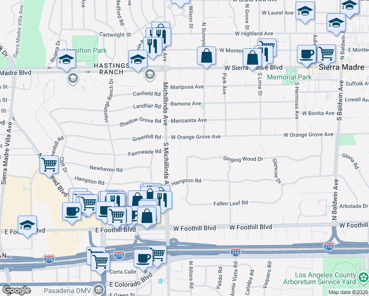 map of restaurants, bars, coffee shops, grocery stores, and more near 1434 Greenoaks Drive in Arcadia