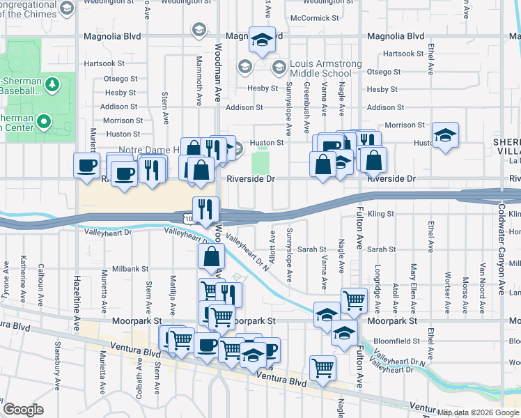 map of restaurants, bars, coffee shops, grocery stores, and more near 4727 Allott Avenue in Los Angeles