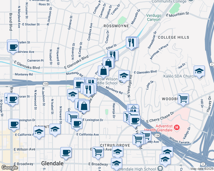 map of restaurants, bars, coffee shops, grocery stores, and more near 917 Monterey Road in Glendale