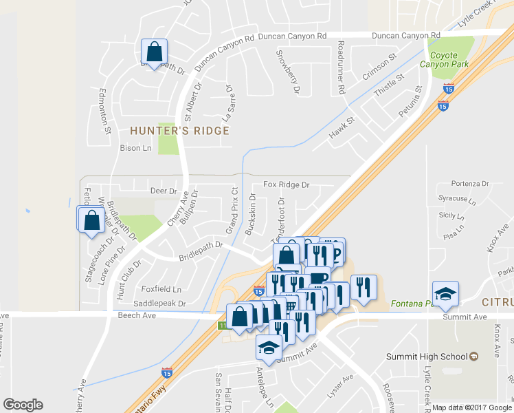 map of restaurants, bars, coffee shops, grocery stores, and more near 5387 Buckskin Drive in Fontana