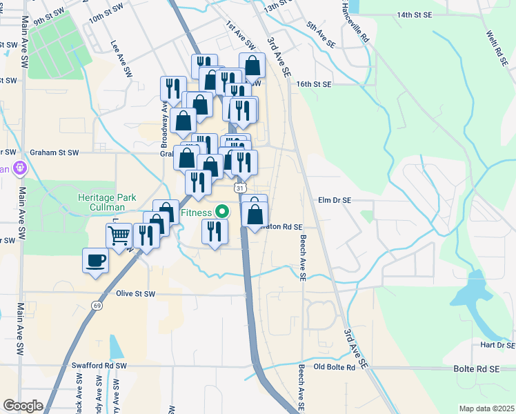 map of restaurants, bars, coffee shops, grocery stores, and more near 1720 2nd Avenue Southwest in Cullman