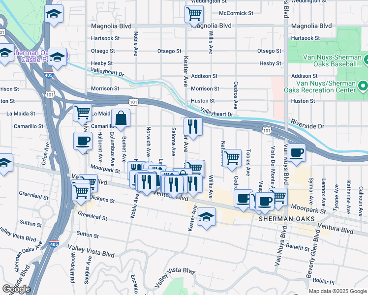 map of restaurants, bars, coffee shops, grocery stores, and more near 4727 Kester Avenue in Los Angeles